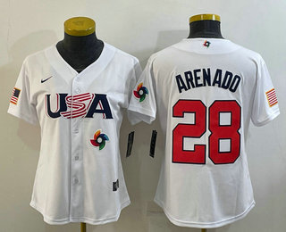 Women's USA Baseball #28 Nolan Arenado 2023 White World Classic Replica Stitched Jersey,We sell and wholesale Women's USA Baseball #28 Nolan Arenado 2023 White World Classic Replica Stitched Jersey on line form chian!